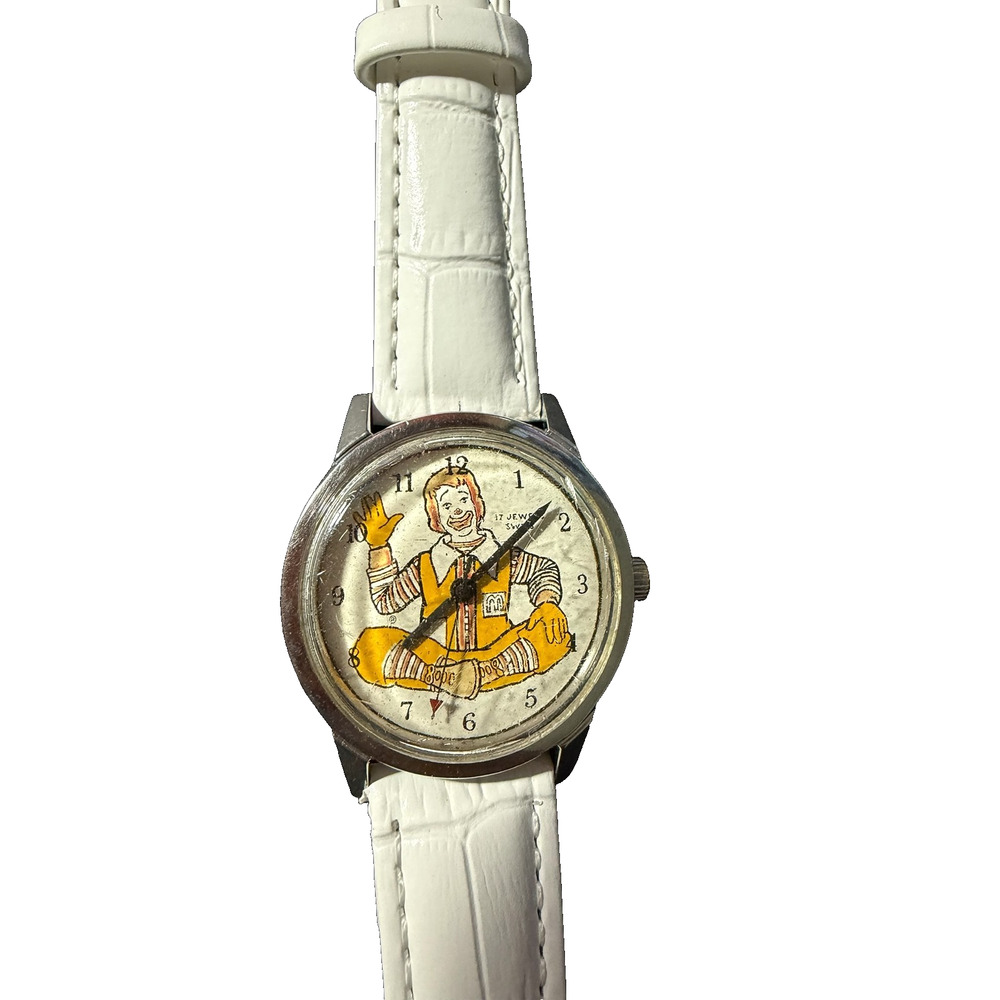 Vintage Ronald McDonald 17 Jewels Swiss Mechanical Watch White Leather Band